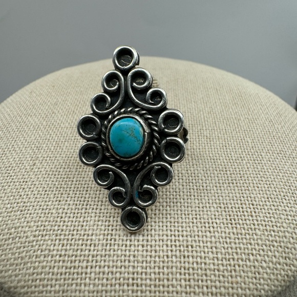 Vintage “TIC” Handmade Turquoise Navajo Sterling Silver Long Oblong Size 6 Ring - Picture 11 of 16